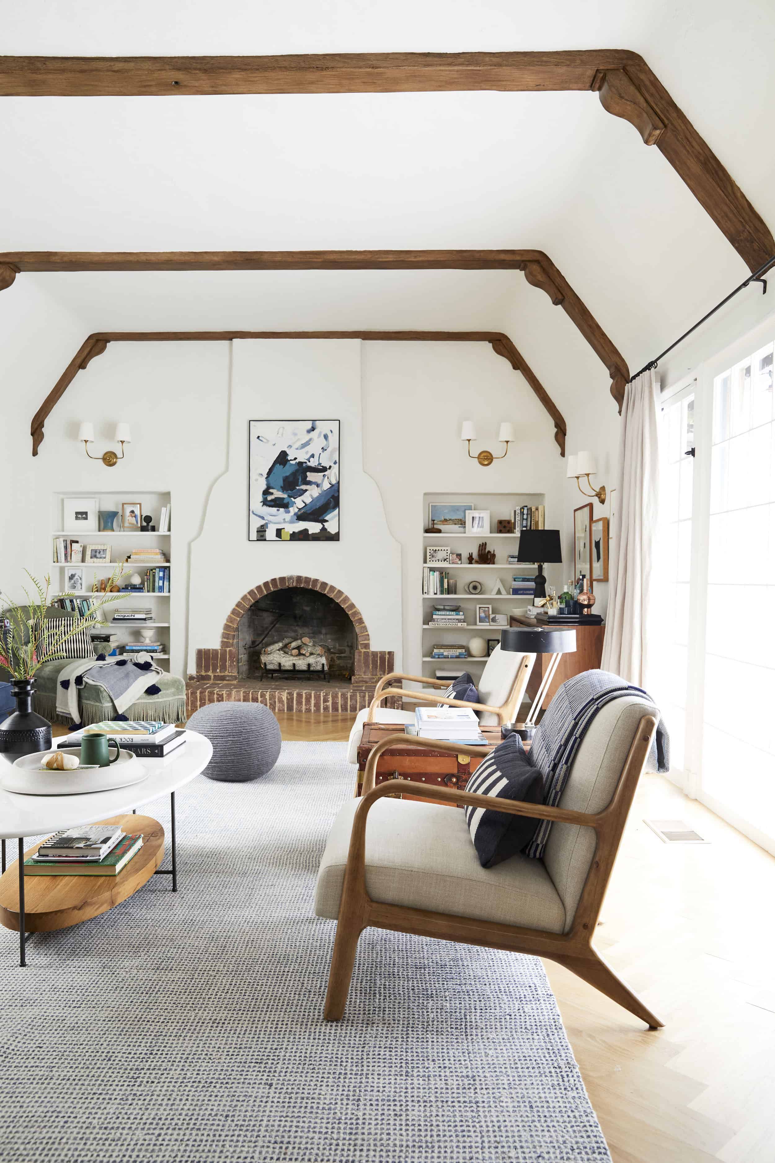 Bright English Tudor Modern Living Room Brick Fireplace