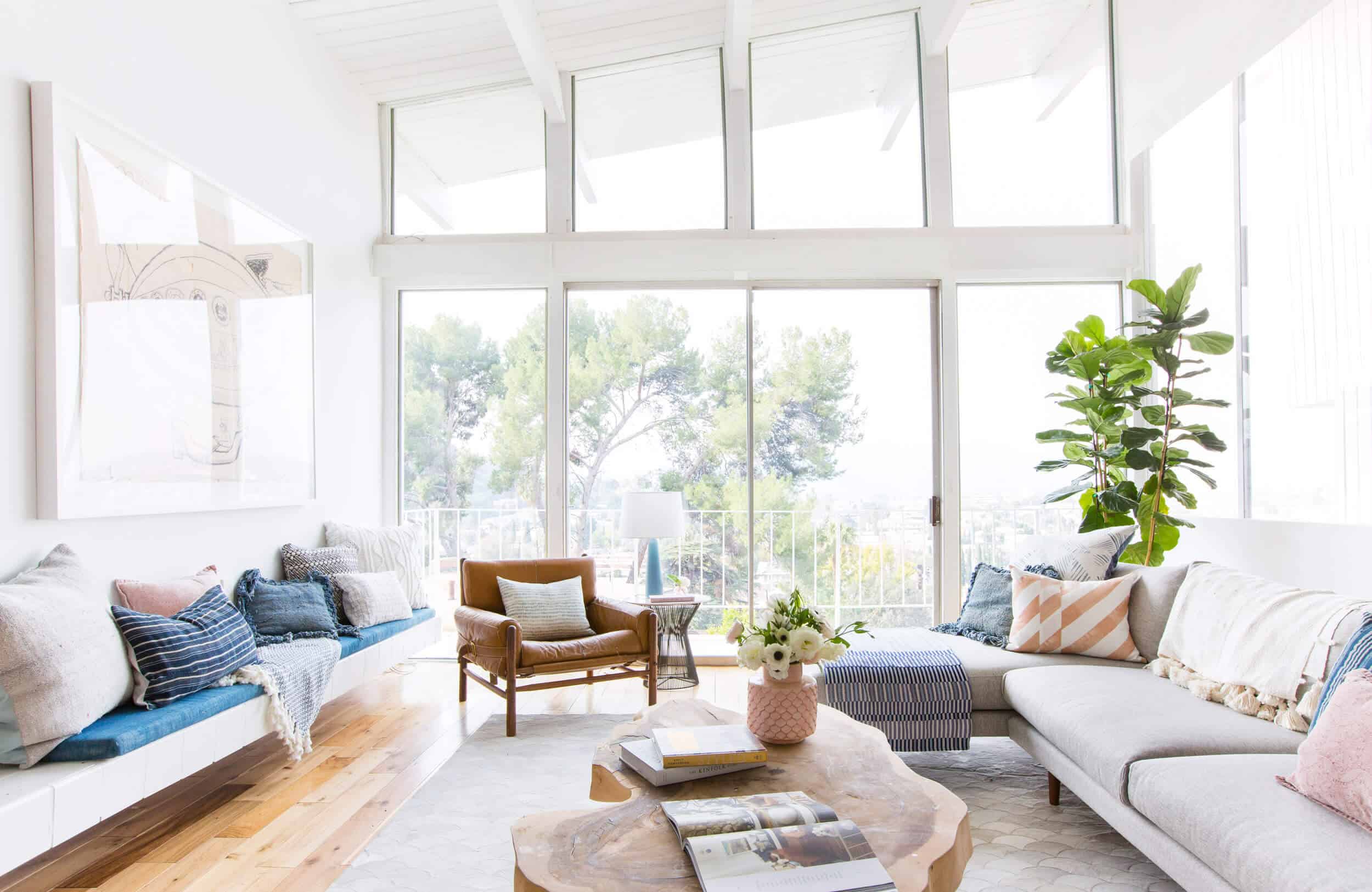 Emily Henderson_Living Room_Staged To Sell_Boho_Mid Century_Eclectic_Blue_White_Styled_Couch_Sectional_Staged3
